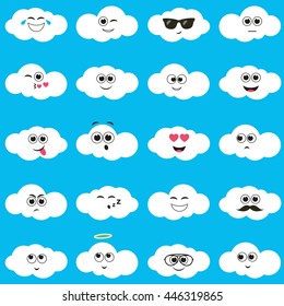 white clouds with smiley faces