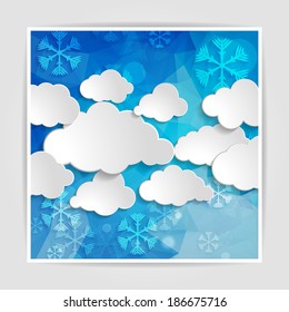White clouds with snowflakes on the Abstract blue geometric background with triangular polygons