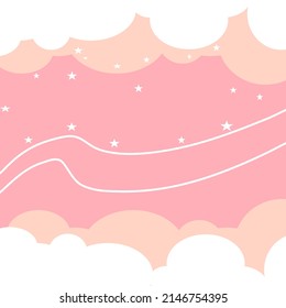 white clouds and stars on a pink background.