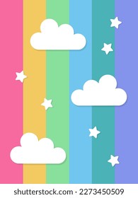 White clouds and stars on a rainbow background. Rainbow wallpaper. Simple flat vector illustration.