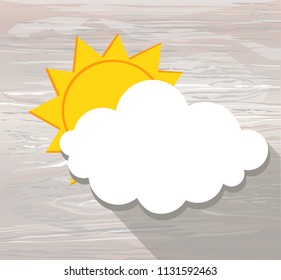 White clouds and sun hang on a rope with clothespins. Vector on wooden background . Free space for text or advertising