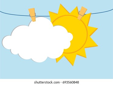 White clouds and sun hang on a rope with clothespins. Vector. Free space for text or advertising