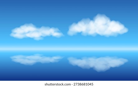White clouds and their reflection on the water. Realistic vector landscape