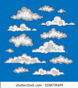 White clouds of various shapes on a blue background. Drawing by hand.