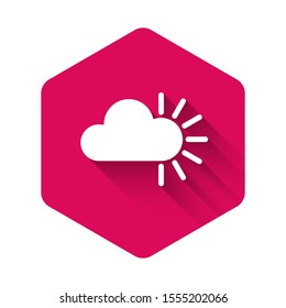 White Cloudy icon isolated with long shadow. Pink hexagon button. Vector Illustration