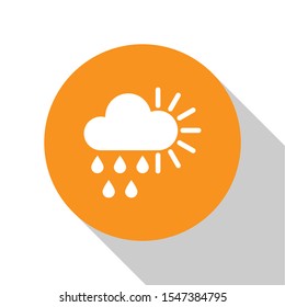 White Cloudy with rain and sun icon isolated on white background. Rain cloud precipitation with rain drops. Orange circle button. Vector Illustration