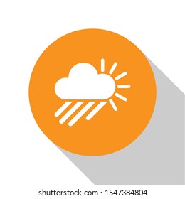 White Cloudy with rain and sun icon isolated on white background. Rain cloud precipitation with rain drops. Orange circle button. Vector Illustration