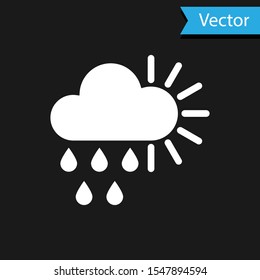 White Cloudy with rain and sun icon isolated on black background. Rain cloud precipitation with rain drops.  Vector Illustration