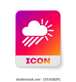 White Cloudy with rain and sun icon isolated on white background. Rain cloud precipitation with rain drops. Rectangle color button. Vector Illustration