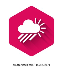 White Cloudy with rain and sun icon isolated with long shadow. Rain cloud precipitation with rain drops. Pink hexagon button. Vector Illustration