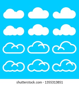 white cloudy set isolated on blue background. Vector illustration.