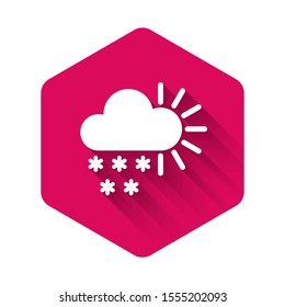 White Cloudy with snow icon isolated with long shadow. Cloud with snowflakes. Single weather icon. Snowing sign. Pink hexagon button. Vector Illustration