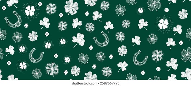 White Clover pattern on green. Hand drawn illustrations, Patricks Day.