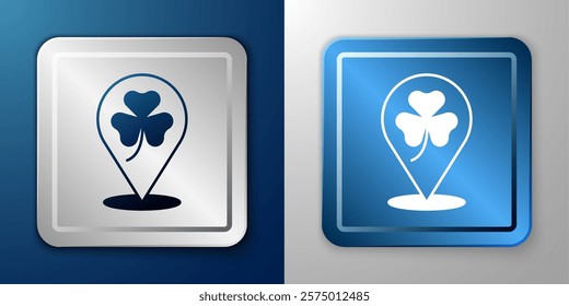 White Clover trefoil leaf icon isolated on blue and grey background. Happy Saint Patricks day. National Irish holiday. Silver and blue square button. Vector