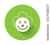 White Clown head icon isolated with long shadow background. Green circle button. Vector