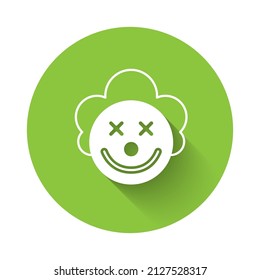 White Clown head icon isolated with long shadow background. Green circle button. Vector