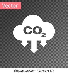 White CO2 emissions in cloud icon isolated on transparent background. Carbon dioxide formula symbol, smog pollution concept, environment concept. Vector Illustration