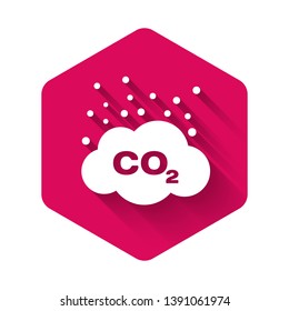 White CO2 emissions in cloud icon isolated with long shadow. Carbon dioxide formula symbol, smog pollution concept, environment concept. Pink hexagon button. Vector Illustration