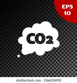 White CO2 emissions in cloud icon isolated on transparent dark background. Carbon dioxide formula symbol, smog pollution concept, environment concept.  Vector Illustration