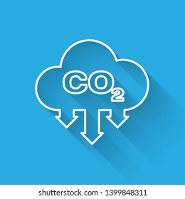 White CO2 emissions in cloud line icon isolated with long shadow. Carbon dioxide formula symbol, smog pollution concept, environment concept. Vector Illustration