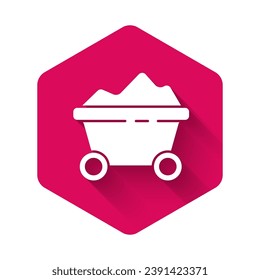 White Coal mine trolley icon isolated with long shadow. Factory coal mine trolley. Pink hexagon button. Vector Illustration