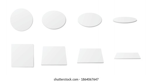 White coaster mockup set - realistic blank circle and square shaped protection pads for beer glasses isolated on white background. Branding template vector illustration