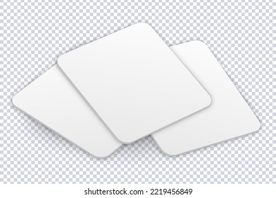 White coaster mockup set. Realistic blank square shaped protection pads for beer glasses, tea cups on transparent. 3D isometric vector illustration for presentation, advertising, website, apps, banner