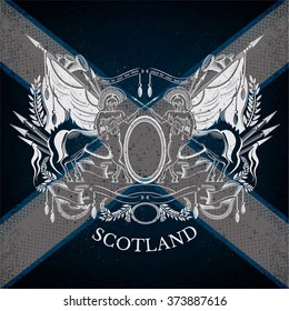 White Coat of Arms With Centaurs and Vintage Weapons on Scotland Flag Background. Brand or T-shirt style
