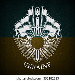 White Coat of Arms With Circle Frame and Vintage Weapons on Ukraine Flag Background. Brand or T-shirt style