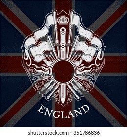 White Coat of Arms With Circle Frame and Vintage Weapons on Britain Flag Background. Brand or T-shirt style