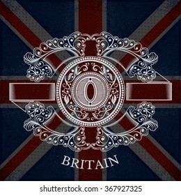 White Coat of Arms With Circle Frame and Vintage Floral Pattern Britain Flag Background. Brand or T-shirt style