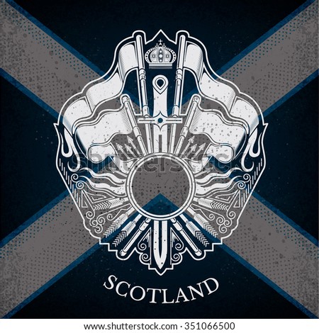 White Coat of Arms With Circle Frame and Vintage Weapons on Scotland Flag Background. Brand or T-shirt style