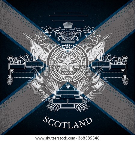 White Coat of Arms With Circle Lion Head and Vintage Weapons on Scotland Flag Background. Brand or T-shirt style
