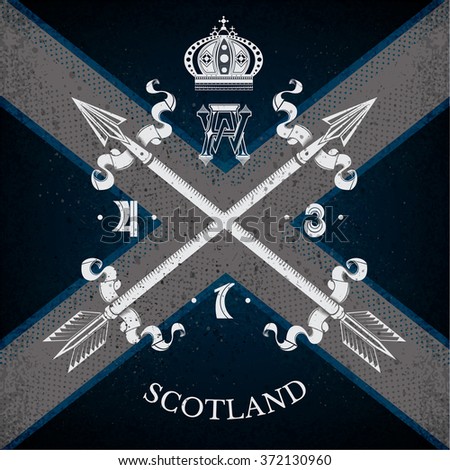 White Coat of Arms With Cross Arrows on Scotland Flag Background. Brand or T-shirt style