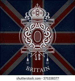 White Coat of Arms With letter O and Vintage Circle Frame on Britain Flag Background. Brand or T-shirt Style