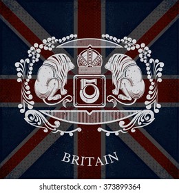 White Coat of Arms With Lions and Vintage Pattern on Britain Flag Background. Brand or T-shirt style