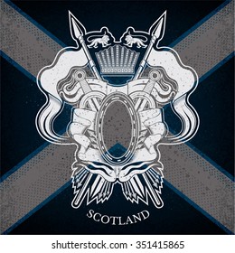White Coat of Arms With oval Frame and Vintage Weapons on Scotland Flag Background. Brand or T-shirt style