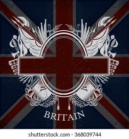 White Coat of Arms With Oval Frame and Vintage Weapons on Britain Flag Background. Brand or T-shirt style