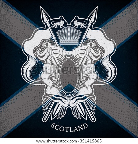 White Coat of Arms With oval Frame and Vintage Weapons on Scotland Flag Background. Brand or T-shirt style