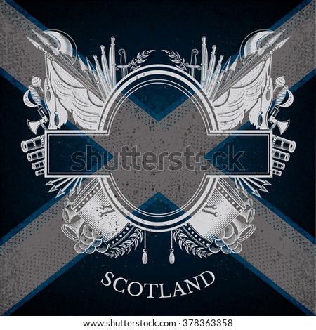 White Coat of Arms With Oval Frame and Vintage Weapons on Scotland Flag Background. Brand or T-shirt style