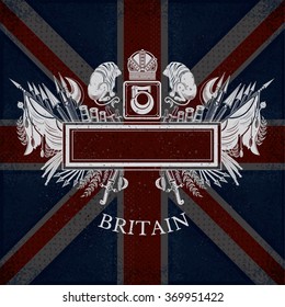 White Coat of Arms With Square Frame and Vintage Weapons on Britain Flag Background. Brand or T-shirt style