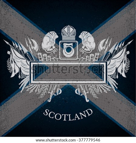 White Coat of Arms With Square Frame and Vintage Weapons on Scotland Flag Background. Brand or T-shirt style