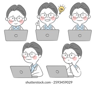 White Coat Character Using Laptop Set