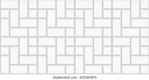 White cobblestone tile background. Sidewalk texture. Stone or ceramic brick wall pattern. Kitchen backsplash mosaic surface. Bathroom, shower or toilet floor decoration. Vector flat illustration