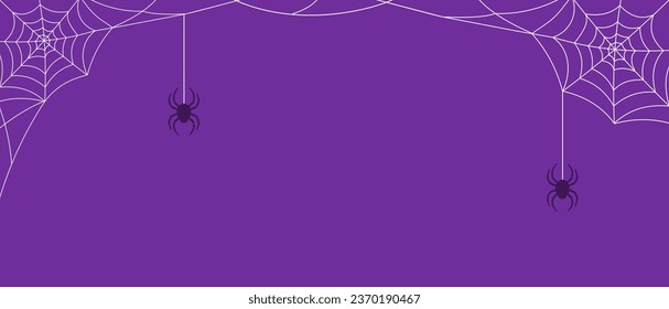 White cobweb frame and spiders on a purple background with copy space. Vector illustration