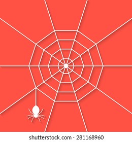 white cobweb with shadow on red background. concept of netting, warning, thread, haunting, invertebrate, tarantula, dangerous, evil. flat style trend modern design vector illustration