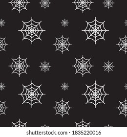 White cobweb texture vector illustration on black color background. Seamles pattern design template. 