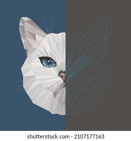 White Coby Cat Half Head and Wireframe Low Poly Vector Illustration, polygonal style trendy modern logo design, triangular cat