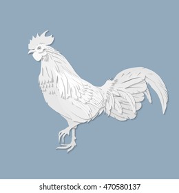 White cock on blue background looking at left. Chinese calendar Zodiac for 2017 New Year of red fire rooster. Isolated vector silhouette made in paper cut style.