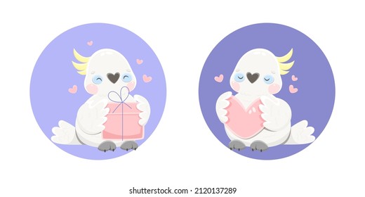 White cockatoo in cartoon style. One parrot is holding a gift, the other parrot is holding a symbolic heart. Bird vector illustration.